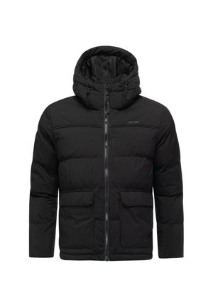 Svart vadderad jacka med dragkedjestängning, huva med snörning och två framfickor. Mjukt material med en slät yta och minimal branding.