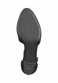 Semelle d'une chaussure à talons hauts noire avec texture lisse, forme arrondie, un logo circulaire, et accents de grip en caoutchouc. Taille indiquée comme 37.