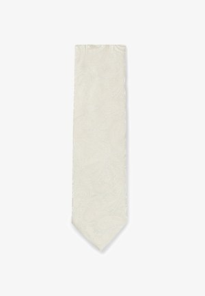 Cravatta in seta color avorio con un delicato motivo paisley intrecciato, mostrata distesa su uno sfondo bianco.