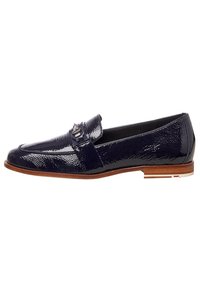 Navy patent leather loafers with a rounded toe, textured surface, and a silver buckle accent. Features a light brown sole with red and white detailing.