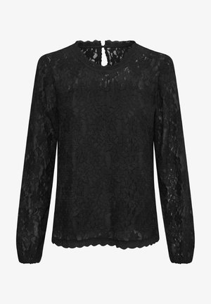 Fekete csipkés, hosszú ujjú blúz kerek nyakkivágással, fodros aljjal és kis lyukas hátkivágással. Finom virágmintázat az egész darabon.