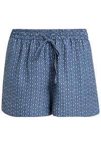 Pantaloni corti blu con un elastico in vita regolabile tramite cordoncino, caratterizzati da un design geometrico in tonalità più chiare, realizzati in tessuto morbido.