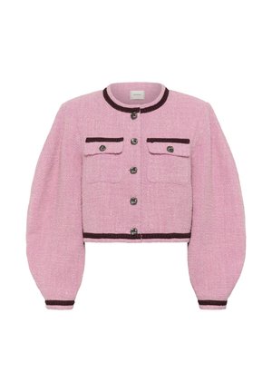 Roze cropped jas van textuurstof, met donkere bies, twee voorkruiszakken, ronde halslijn en vijf metalen knopen.