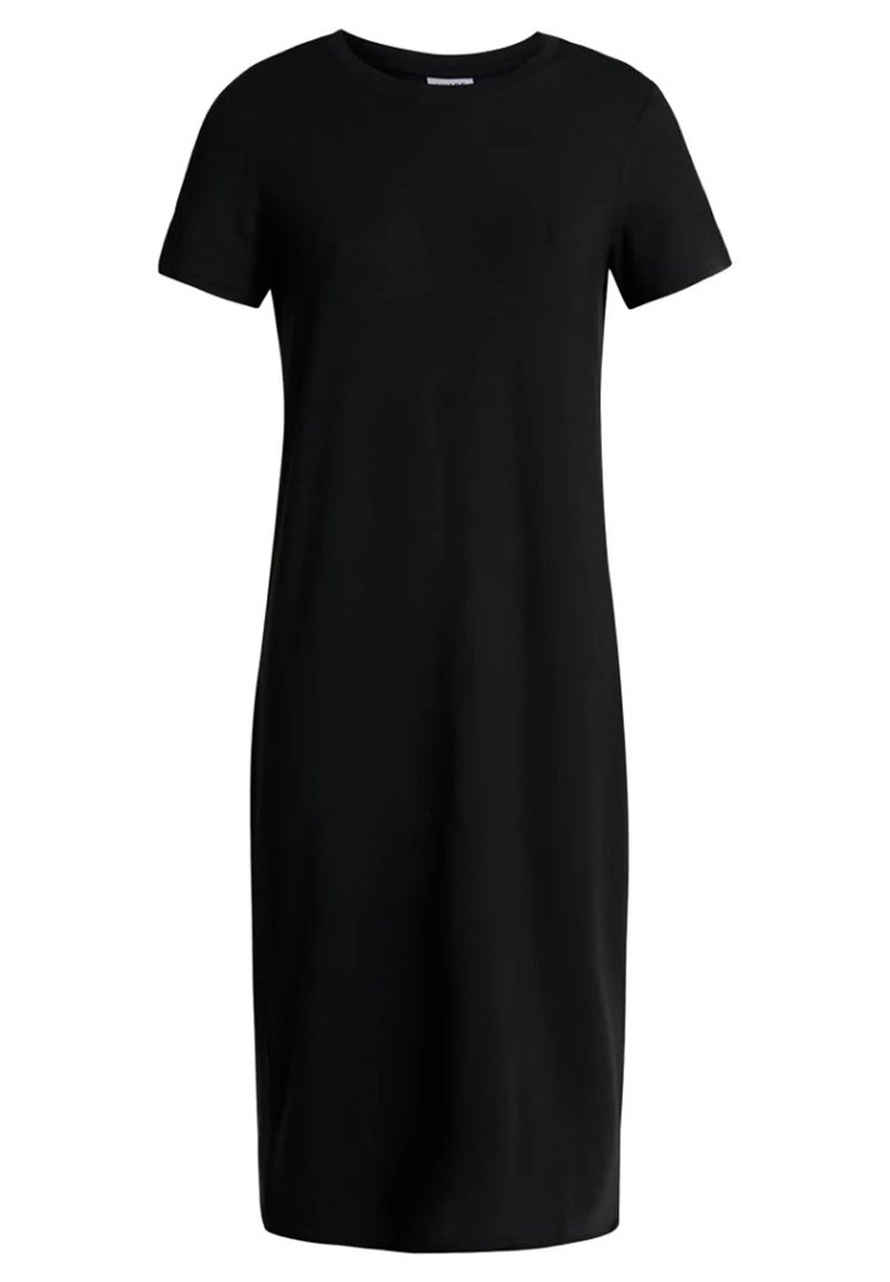 Svart kortärmad klänning, knälång, tillverkad av glatt tyg med rund halsringning och en enkel, rak siluett. Inga synliga mönster eller accenter.