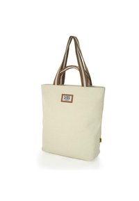 Bolsa de lona en blanco roto con asas a rayas marrones. Presenta un parche con el logo en el frente y una etiqueta en el lateral. Diseño simple, forma rectangular.