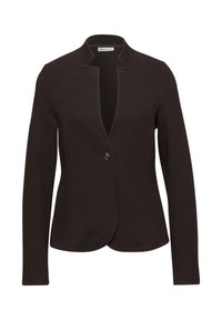 Černý tkaný blazer se strukturovaným designem, klopovým límcem, jednobotoním zapínáním a dlouhými rukávy, s texturovaným povrchem.