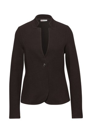 Blazer noir tissé avec un design structuré, col cranté, fermeture à un bouton et manches longues, présentant une surface texturée.