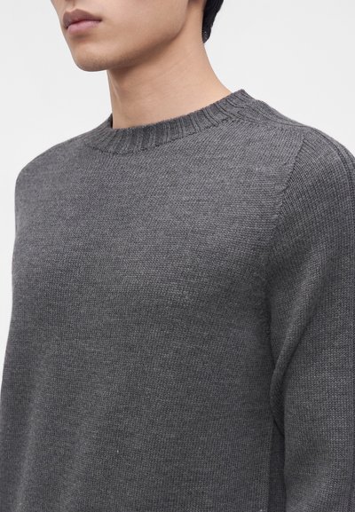 Homme portant un pull en maille gris uni à col rond, montré des épaules au cou sur fond blanc.
