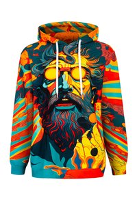 Hooded dukserica u živim bojama s velikim grafičkim prikazom lica sa naočalama, apstraktni uzorci u narančastoj, plavoj i žutoj boji.