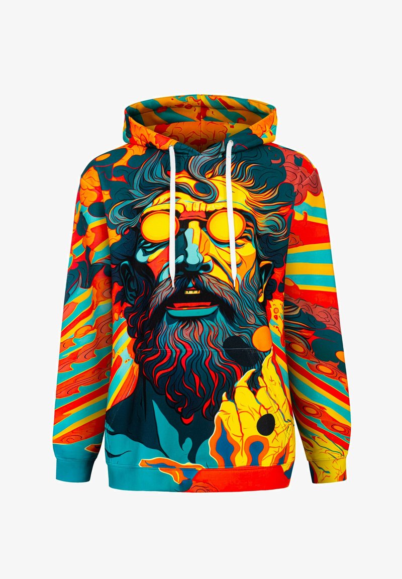 Hoodie in lebhaften Farben mit einem großen Grafik eines Gesichts mit Sonnenbrille, abstrakten Mustern in Orange, Blau und Gelb.