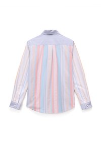 Camicia a maniche lunghe con righe verticali nei colori pastello di rosa, blu e giallo. Presenta un colletto a righe e polsini aderenti.