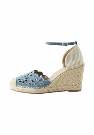 Blaue Keilsandale aus Denim mit ausgeschnittenem Blumenmuster, beigem geflochtenem Absatz und verstellbarem Knöchelriemen mit Schnalle.