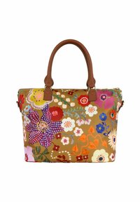 Bruine tote bag met grote kleurrijke bloemenpatronen en twee bruine leren handvatten tegen een witte achtergrond.