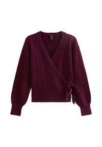 Cardigan avvolgente in misto lana color bordeaux con maniche lunghe, chiusura con lacci di lato e finitura morbida e tessurizzata.