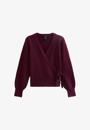 Cardigan enveloppant en laine bordeaux mélangée avec des manches longues, une fermeture à nouer sur le côté et une finition douce et texturée.