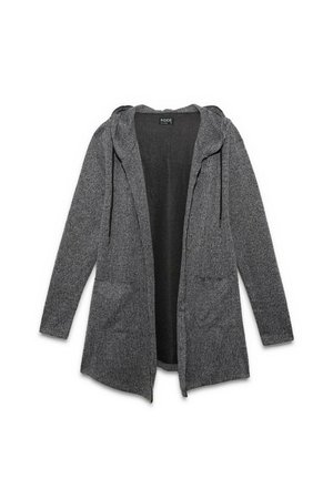 Cárdigan de punto gris de manga larga y apertura delantera, con capucha y dos bolsillos frontales, presentado plano sobre un fondo blanco.