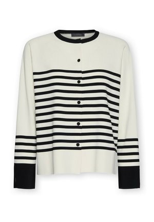 Cardigan a righe crema con strisce orizzontali nere, caratterizzato da scollo rotondo, chiusura con bottoni sul davanti e polsini neri. Tessuto dalla texture liscia.