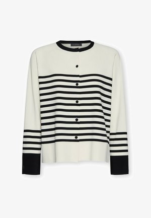 Cárdigan a rayas en crema con franjas horizontales negras, con escote redondo, cierre frontal con botones y puños negros. Textura de tela lisa.