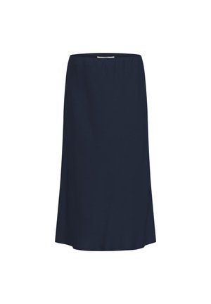 Marineblaue Midirock mit leichtem Schwung und elastischem Bund, gefertigt aus glattem, leichtem Stoff.