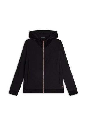 Felpa nera con zip realizzata in tessuto morbido, dotata di cappuccio in peluche, polsini a coste e dettaglio della zip in contrasto. Nessun motivo o logo visibile.