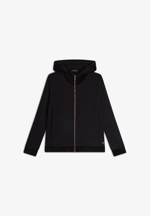 Felpa nera con zip realizzata in tessuto morbido, dotata di cappuccio in peluche, polsini a coste e dettaglio della zip in contrasto. Nessun motivo o logo visibile.