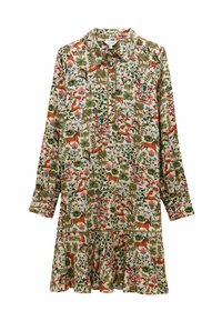 Cremefarbendes Tunika-Kleid mit floralem Muster, langen Ärmeln, einem Kragen und einem gestuften Saum mit bunten Tier- und Pflanzenmotiven.