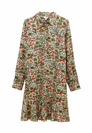 Cremefarbendes Tunika-Kleid mit floralem Muster, langen Ärmeln, einem Kragen und einem gestuften Saum mit bunten Tier- und Pflanzenmotiven.