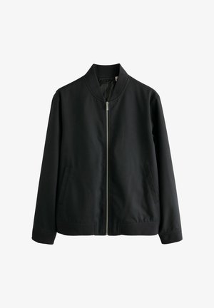 Fekete bomberekabát, elöl cipzárral, bordázott gallérral és mandzsettákkal, két oldalsó zsebbel és sima, textúrázatlan anyaggal.