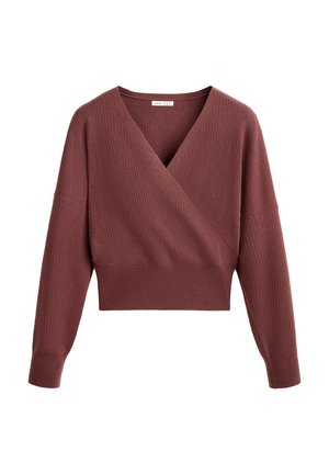 Sötét rózsaszínű, bordázott kötött, rövidített pulóver V-nyakkal, hosszú ujjakkal és testhezálló derékpánttal. Puha tapintású, letisztult dizájn.