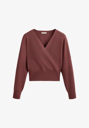 Kurz geschnittener, gerippter Strickpullover in dunklem Rosé mit V-Ausschnitt, langen Ärmeln und tailliertem Bund. Weiche Textur und schlichtes Design.