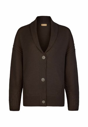 Brauner, gestrickter Cardigan mit V-Ausschnitt, langen Ärmeln und einer Knopfleiste mit fünf Knöpfen. Verfügt über Zopfmuster-Akzente an den Ärmeln und einen gerippten Saum.