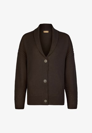 Brązowy dzianinowy kardigan z dekoltem w serek, długimi rękawami i zapięciem na pięć guzików. Posiada akcenty w splocie warkoczowym na rękawach oraz prążkowany dół.