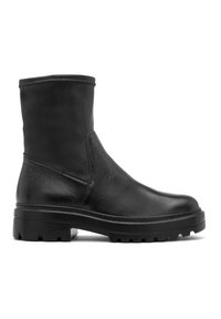 Schwarze Leder-Stiefelette mit strukturiertem Finish, abgerundeter Schuhspitze und robuster Sohle. Verfügt über einen seitlichen Reißverschluss für ein einfaches An- und Ausziehen.