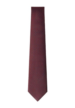 Corbata roja con un patrón geométrico repetido de pequeñas formas hexagonales enlazadas en azul y blanco.