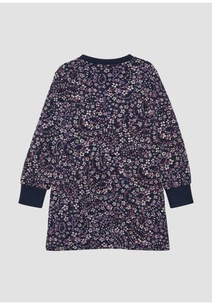 Dolga mornarsko modra obleka z majhnim vijoličnim in belim cvetličnim vzorcem ter enobarvnimi mornarsko modrimi manšetami in ovratnikom, prikazana izravnana s hrbtne strani.