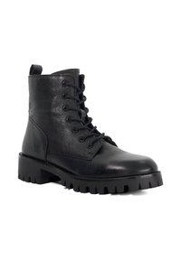 Black leather ankle boot with a textured finish, rounded toe, lace-up front, and thick, ridged rubber sole for traction.