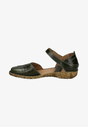 Grüne Leder-Sandalen mit Kreuzriemen-Design, abgerundetem Zehenbereich und strukturiertem, gemustertem Sohlen. Verfügt über kontrastierende Nähte.