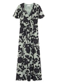 Robe portefeuille florale vert clair avec motif de fleurs noires, manches courtes à volants, ceinture à nouer à la taille et silhouette fluide.