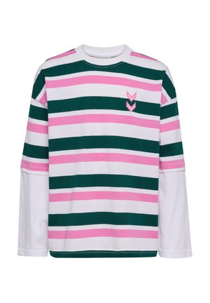 Langärmliges Hemd mit grünen, pinken und weißen horizontalen Streifen, weißen Lagenärmeln und zwei pinkfarbenen Chevron-Logos auf der Brust.