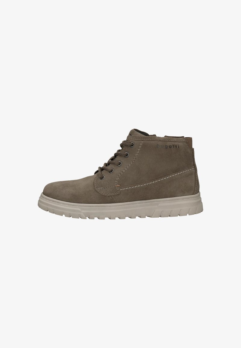 Braune Wildleder-Ankle-Boots mit gesteppten Details und beiger Gummi-Sohle. Verfügt über sechs Ösen und ein Logo an der Seite. Minimalistisches Design.