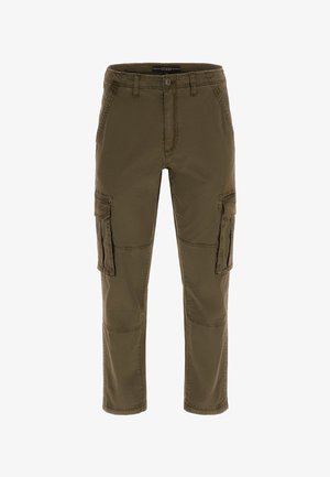 Olīvu zaļi cargo bikses ar pogu aizdari, četriem kabatām un taisno kāju dizainu. Izgatavotas no kokvilnas, ar pastiprinātām šuvēm.