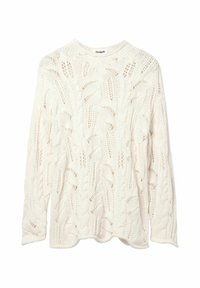 Szydełkowy sweter w odcieniu ecru z misternym wzorem ażurowym, z długimi rękawami i okrągłym dekoltem, o miękkiej teksturze i luźnym kroju.