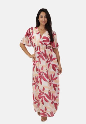 Robe maxi avec un motif floral dans des tons de rose et de pêche. Elle possède un décolleté en V, des manches courtes et une taille élastique. Tissu léger.