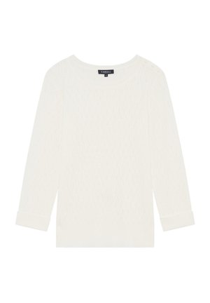 Pull en tricot blanc avec un motif diamant texturé, col rond et manches trois-quarts. Présente des détails avec des boutons à l'épaule.