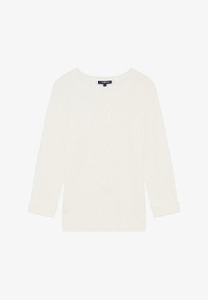 White knitted pullover sweater with a textured diamond pattern, round neckline, and three-quarter sleeves. Features button accents on shoulder.