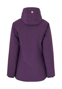 Lila wasserdichte Jacke mit Kapuze, mit taillierter Passform, glatter Textur und einem kleinen weißen Logo auf dem Rücken. Schlichtes Design ohne Muster.