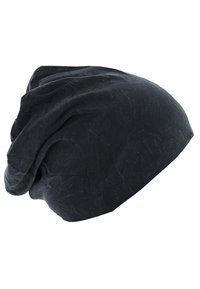 Minkštas juodas laisvas beanie skrybėle su subtiliomis tekstūrinėmis raukšlėmis, pagaminta iš lengvos medžiagos.