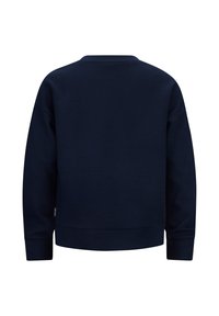 Felpa della marina, texture a nido d'ape, colletto a girocollo, polsini e orlo a costine, vestibilità comoda, etichetta laterale. Design semplice e solido senza grafiche.
