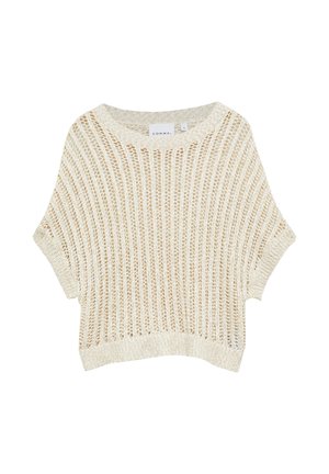 Kremowy, krótki sweter z krótkim rękawem w otwartym splocie, z okrągłym dekoltem i ściągaczem u dołu, oznaczony jako rozmiar mały marki Comma.