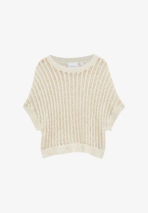 Hellcremefarbener, kurzärmeliger, offen gestrickter Pullover mit rundem Ausschnitt und geripptem Saum, Größe klein, Marke Comma.